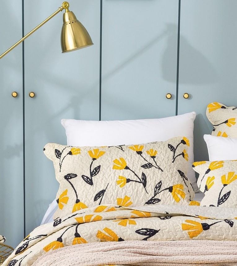 DaDalogy Bedding Yellow Fleur Floral Golden Orange Ivory Botanical Quilted Scalloped Pillow Sham (18112) - - Pillow Case