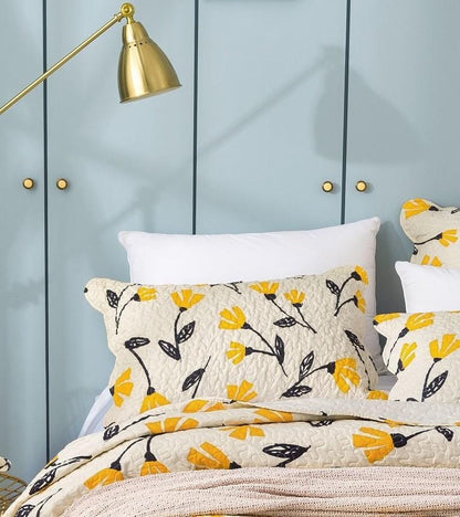 DaDalogy Bedding Yellow Fleur Floral Golden Orange Ivory Botanical Quilted Scalloped Pillow Sham (18112) - - Pillow Case