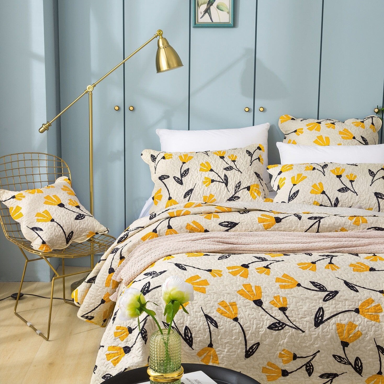 DaDa Bedding Yellow Fleur Floral Bed in a Bag Set - Ivory Botanical - - Bedspreads
