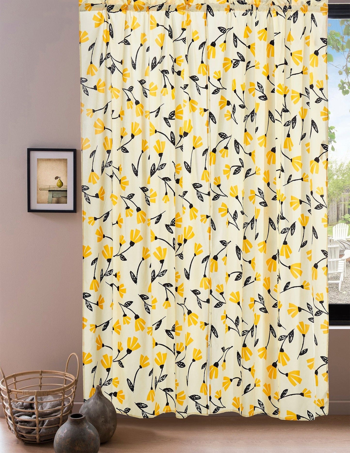 DaDa Bedding Set of 2 Botanical Floral Window Curtain Panels - Natural Semi Sheer Yellow Fleur Golden Orange Spring Time Tulips Straight Tailored Edge - - Curtains