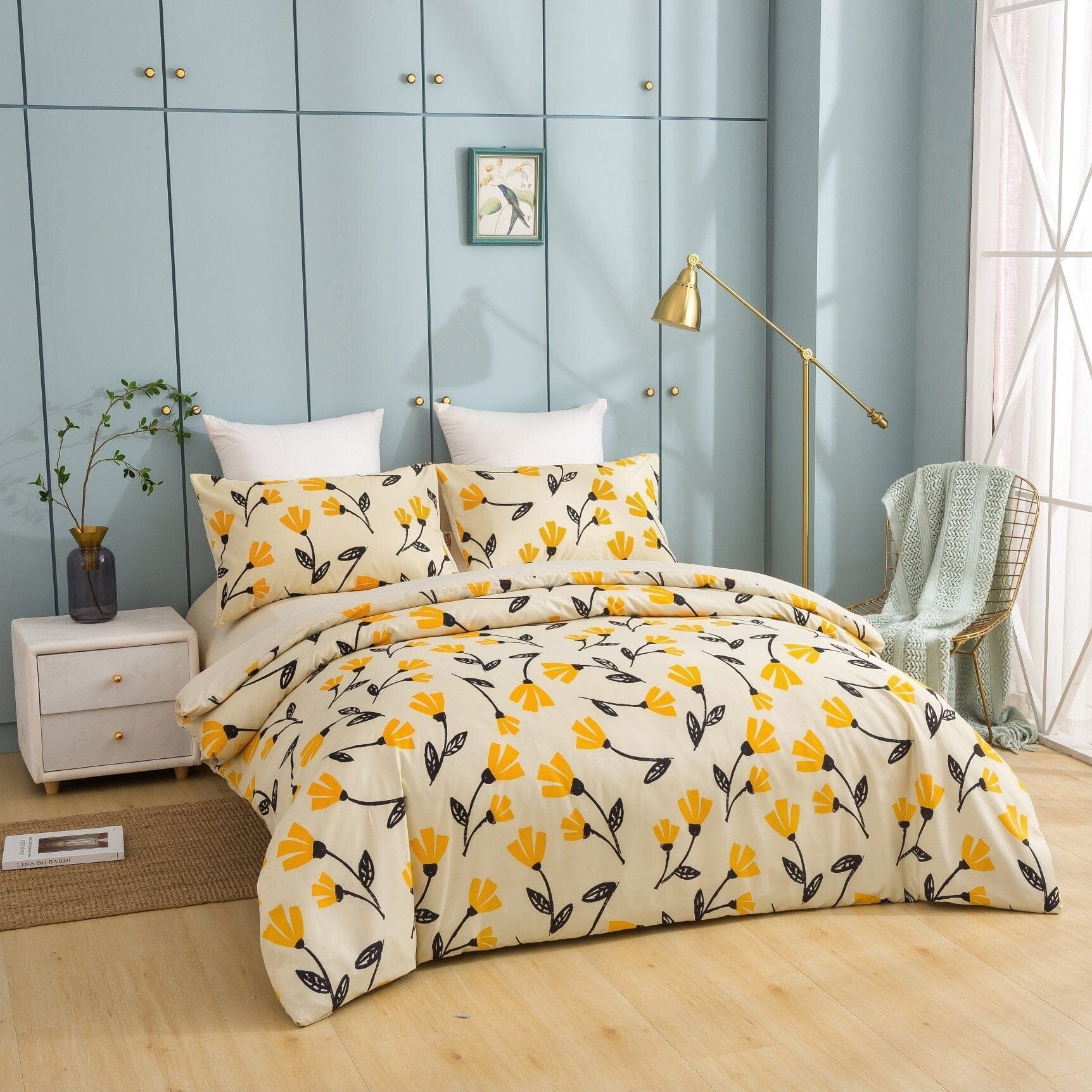 DaDa Bedding Yellow Fleur Duvet Cover, Sheets & Valance Set - - Duvet Covers
