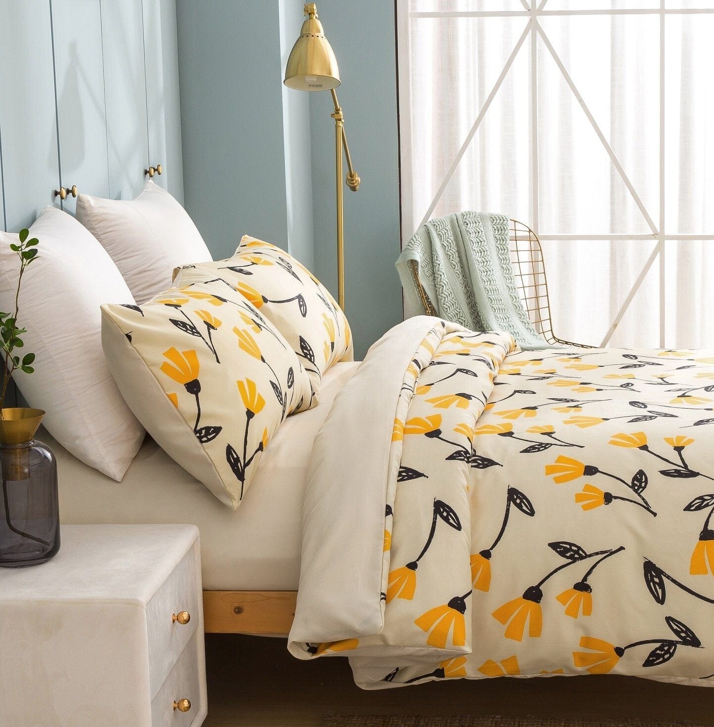 DaDa Bedding Yellow Fleur Duvet Cover, Sheets & Valance Set - - Duvet Covers