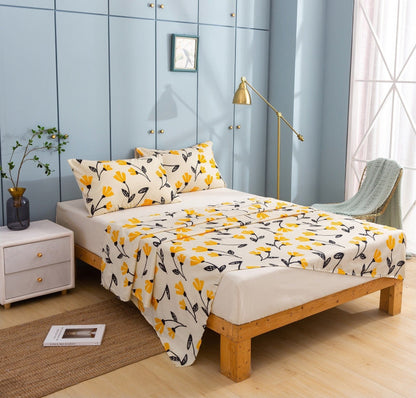 DaDa Bedding Yellow Fleur Golden Orange Floral Ivory Fitted & Flat Bed Sheets Set (18112)- DaDalogy Bedding Collection- {{Product type}}