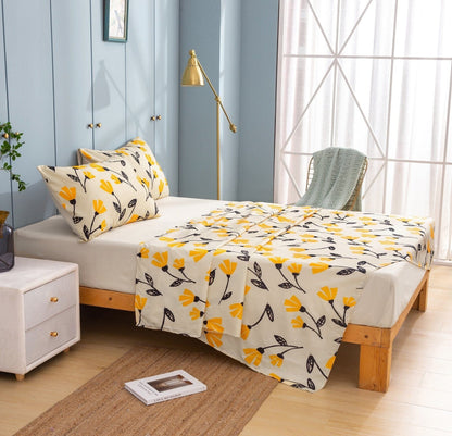 DaDa Bedding Yellow Fleur Golden Orange Floral Ivory Fitted & Flat Bed Sheets Set (18112)- DaDalogy Bedding Collection- {{Product type}}