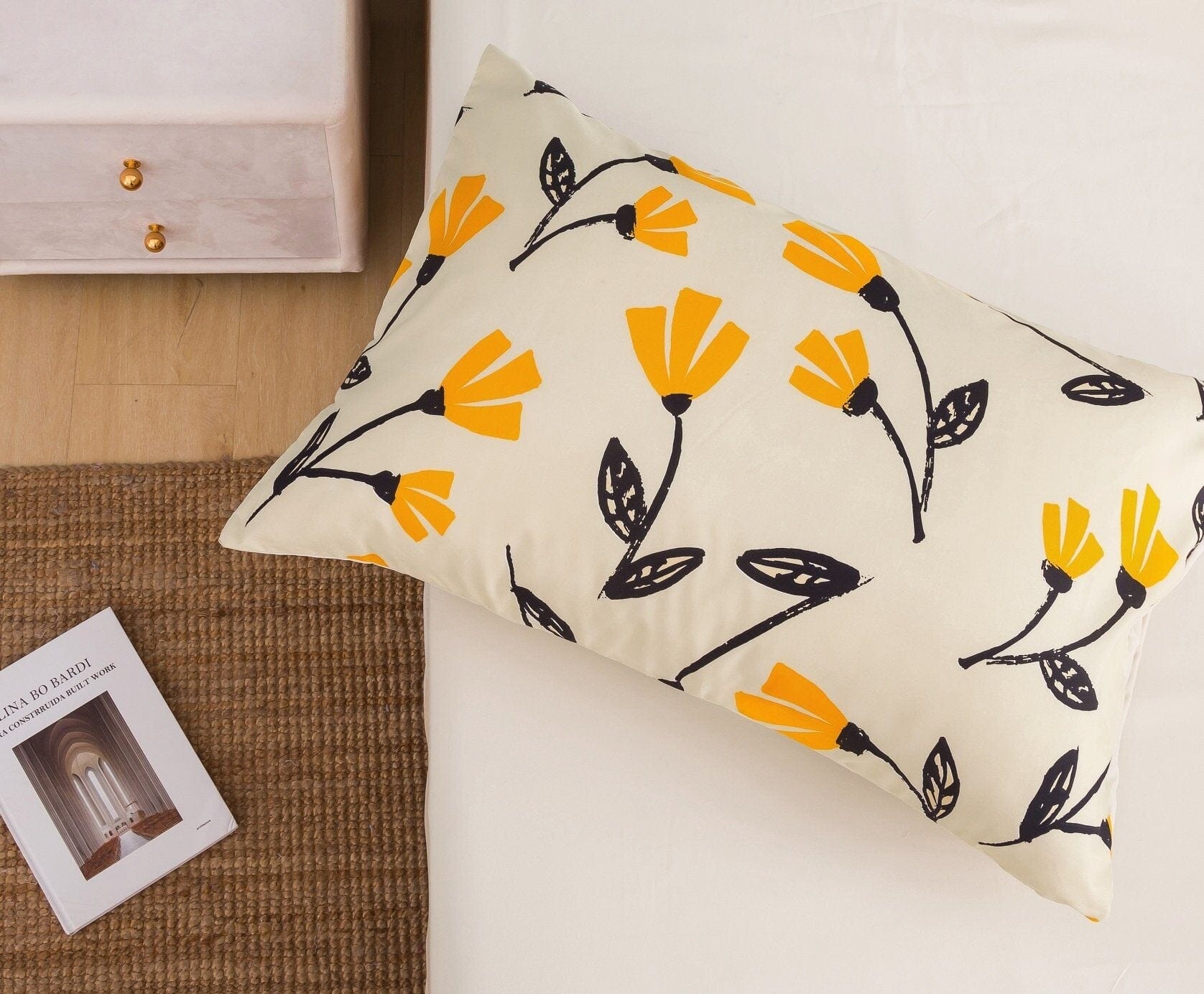 DaDa Bedding Yellow Fleur Golden Orange Floral Ivory Fitted & Flat Bed Sheets Set (18112)- DaDalogy Bedding Collection- {{Product type}}