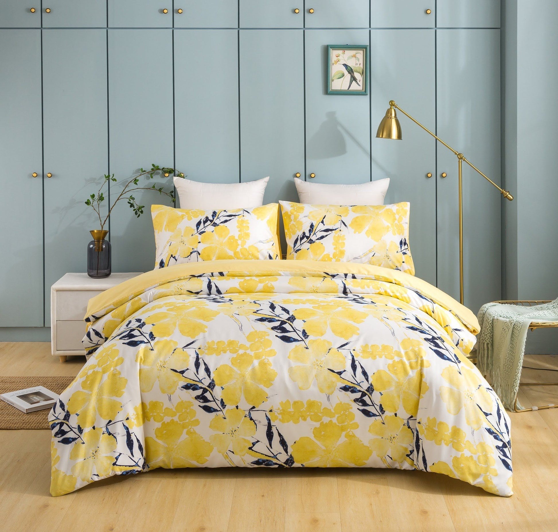 Tache Microfiber Watercolor Tropical Floral Yellow Blue Duvet Cover (JHW-841) - - Duvet Cover