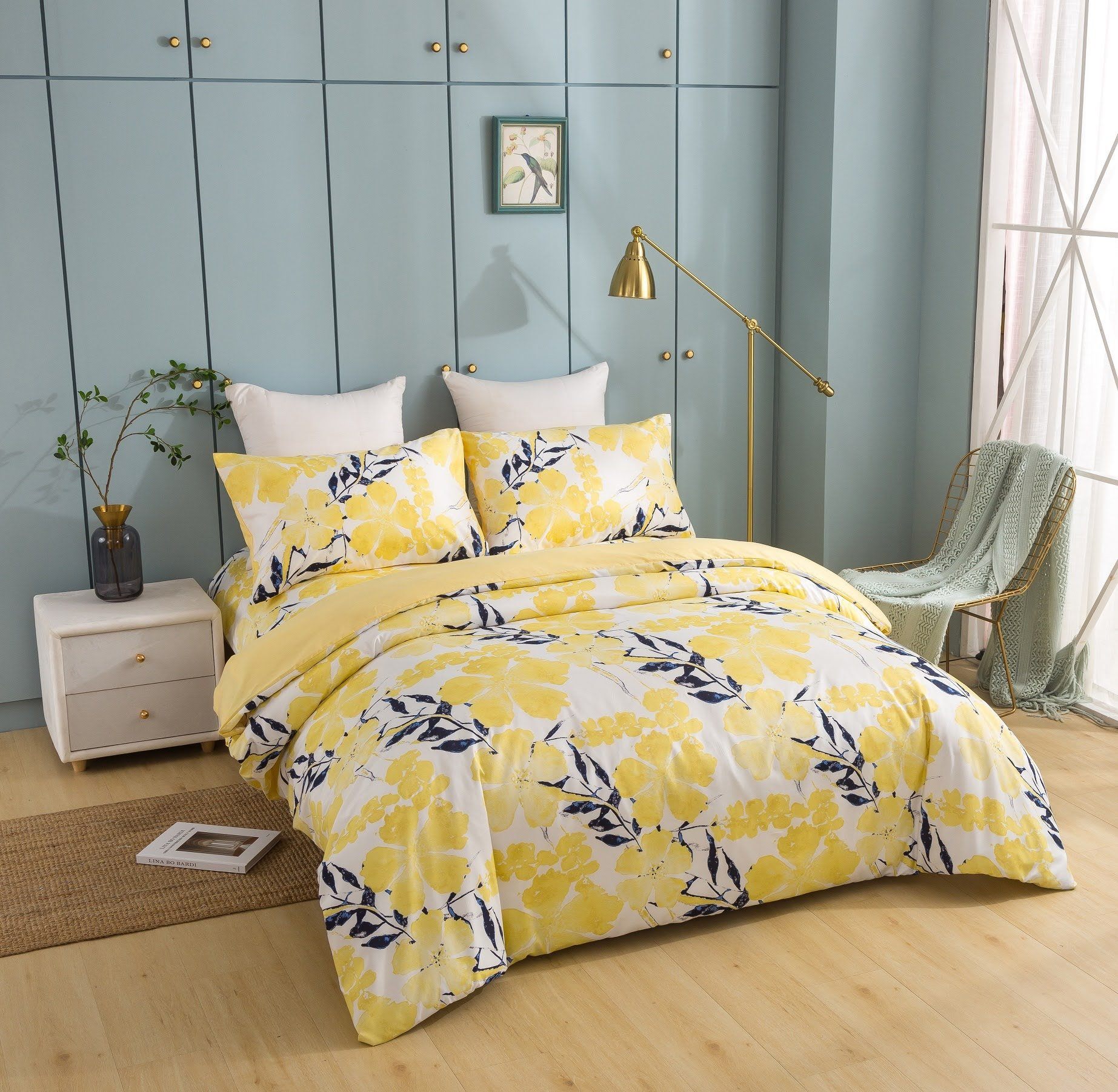 Tache Microfiber Watercolor Tropical Floral Yellow Blue Duvet Cover (JHW-841) - - Duvet Cover