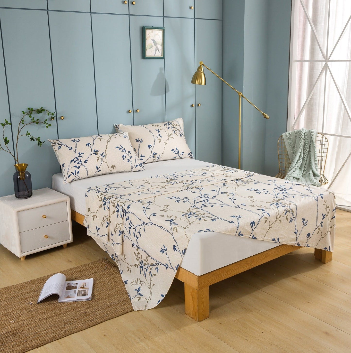 Tache Poplin Cotton Elegant Leaf Vine Cream Beige Fitted Sheet / Flat Sheet (JHW-842) - - Bed Sheet