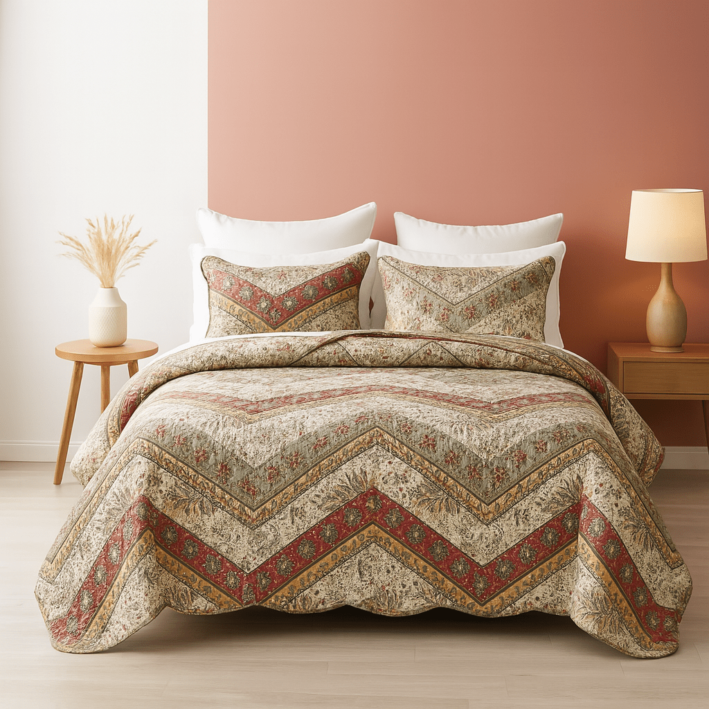 DaDa Bedding Cranberry Sage Floral Chevron Quilt Set - Lightweight Bedspread - - Bedspreads