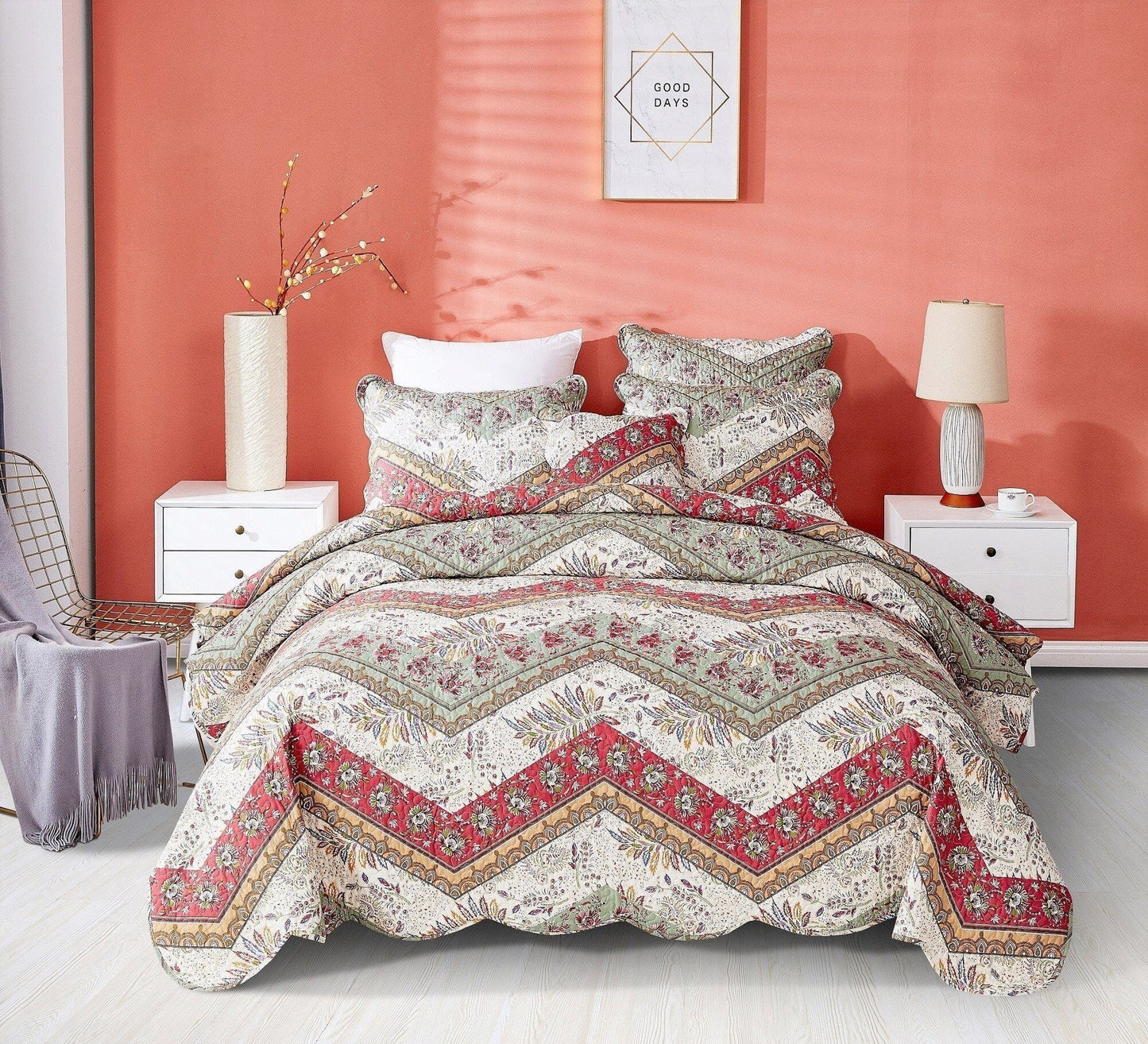 DaDa Bedding Cranberry Sage Floral Chevron Quilt Set - Lightweight Bedspread - - Bedspreads