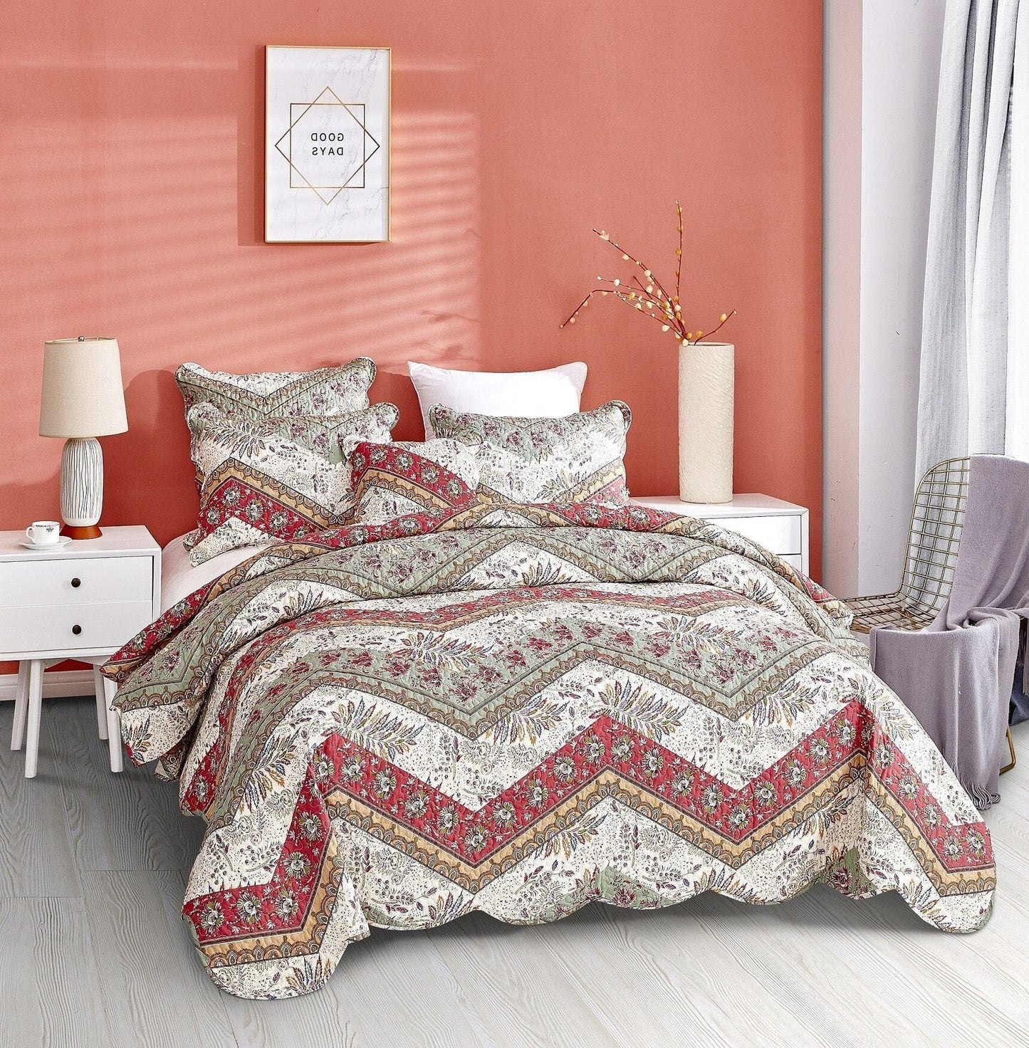 DaDa Bedding Cranberry Sage Floral Chevron Quilt Set - Lightweight Bedspread - - Bedspreads