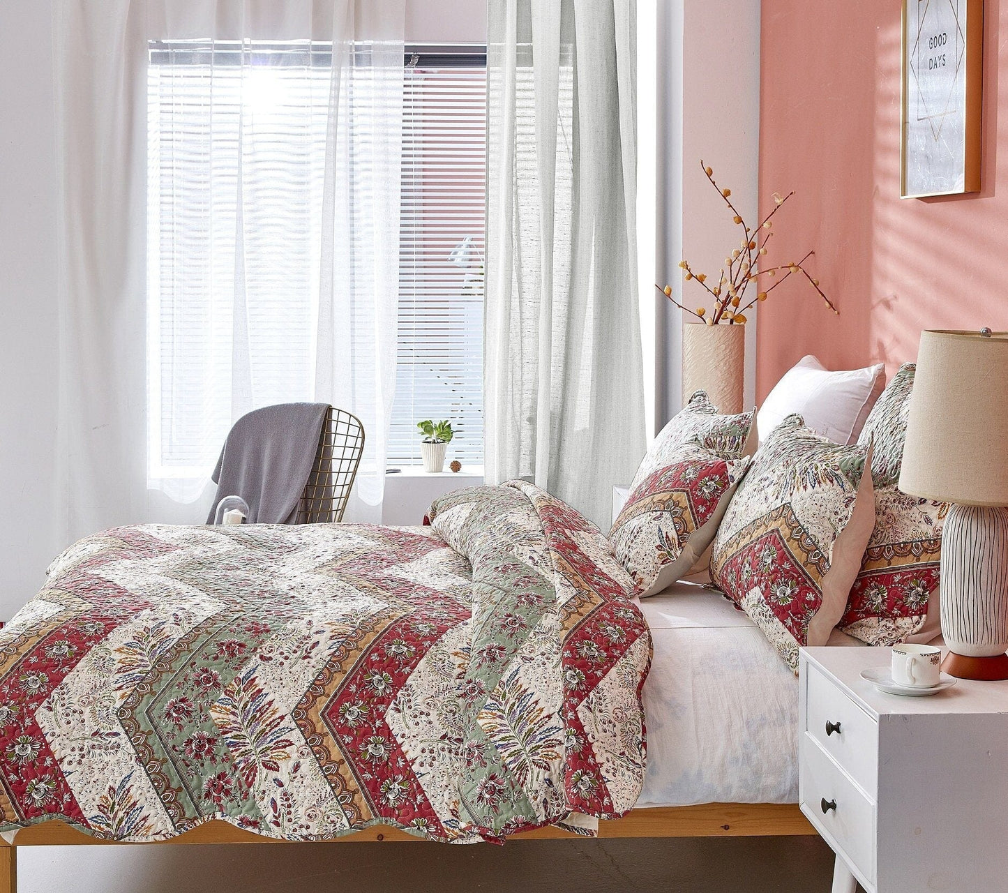 DaDa Bedding Cranberry Sage Floral Chevron Quilt Set - Lightweight Bedspread - - Bedspreads