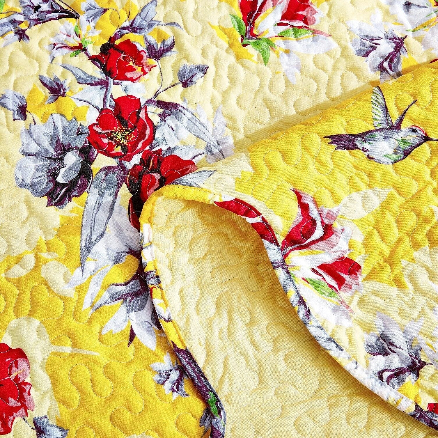 DaDa Bedding Sunshine Yellow Hummingbird Floral Bed in a Bag Set - - Bedspreads
