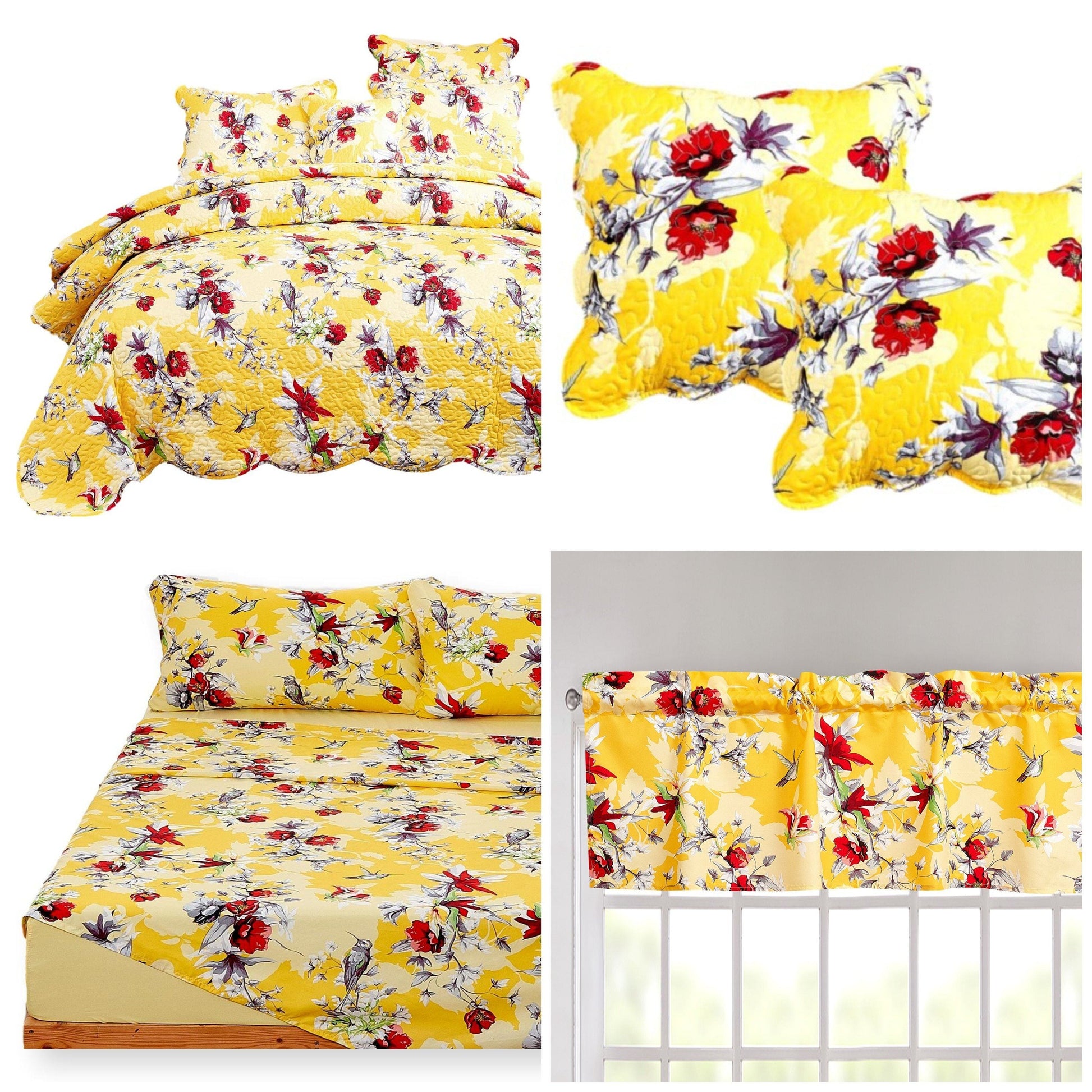 DaDa Bedding Sunshine Yellow Hummingbird Floral Bed in a Bag Set - - Bedspreads