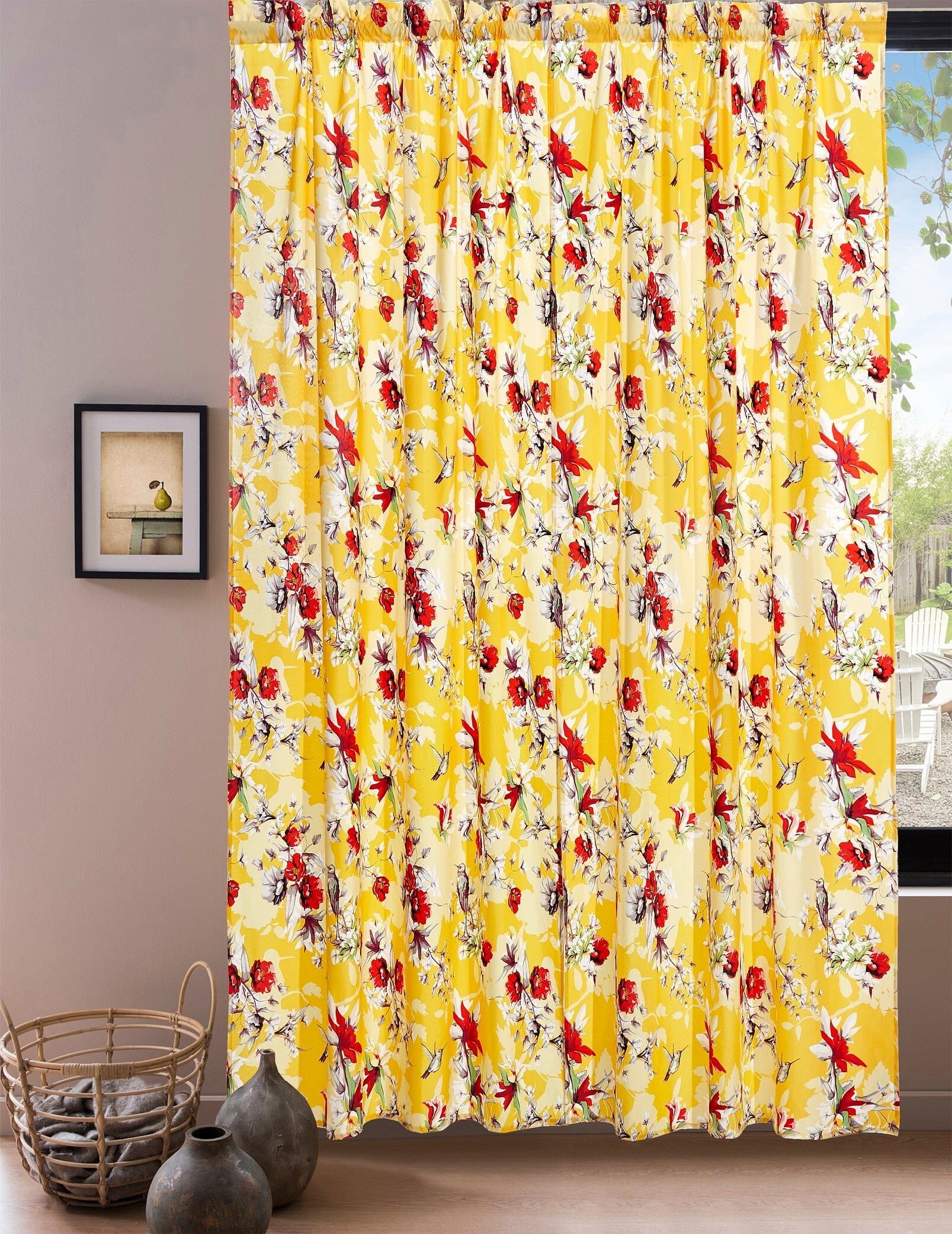 DaDa Bedding Set of 2 Radiant Sunshine Yellow Floral Window Curtain Panels - Natural Semi Sheer - 54" x 95" - Curtains