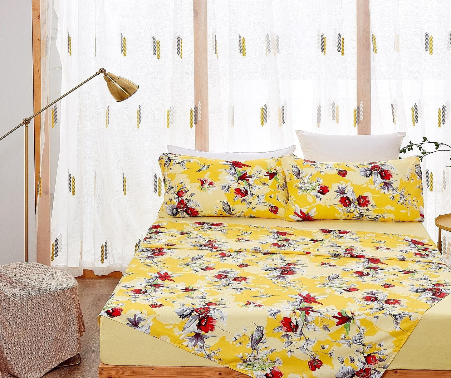 DaDa Bedding Sunshine Yellow Hummingbirds Floral Fitted & Flat Bed Sheets Set (JHW-925)- DaDalogy Bedding Collection- {{Product type}}