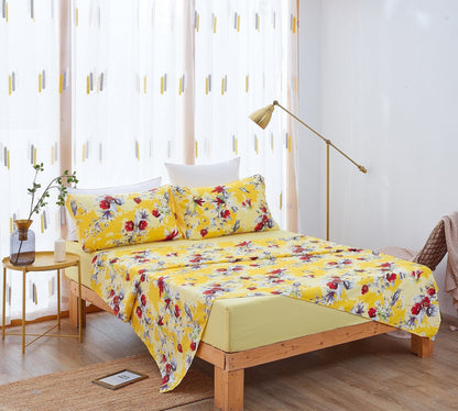 DaDa Bedding Sunshine Yellow Hummingbirds Floral Fitted & Flat Bed Sheets Set (JHW-925)- DaDalogy Bedding Collection- {{Product type}}