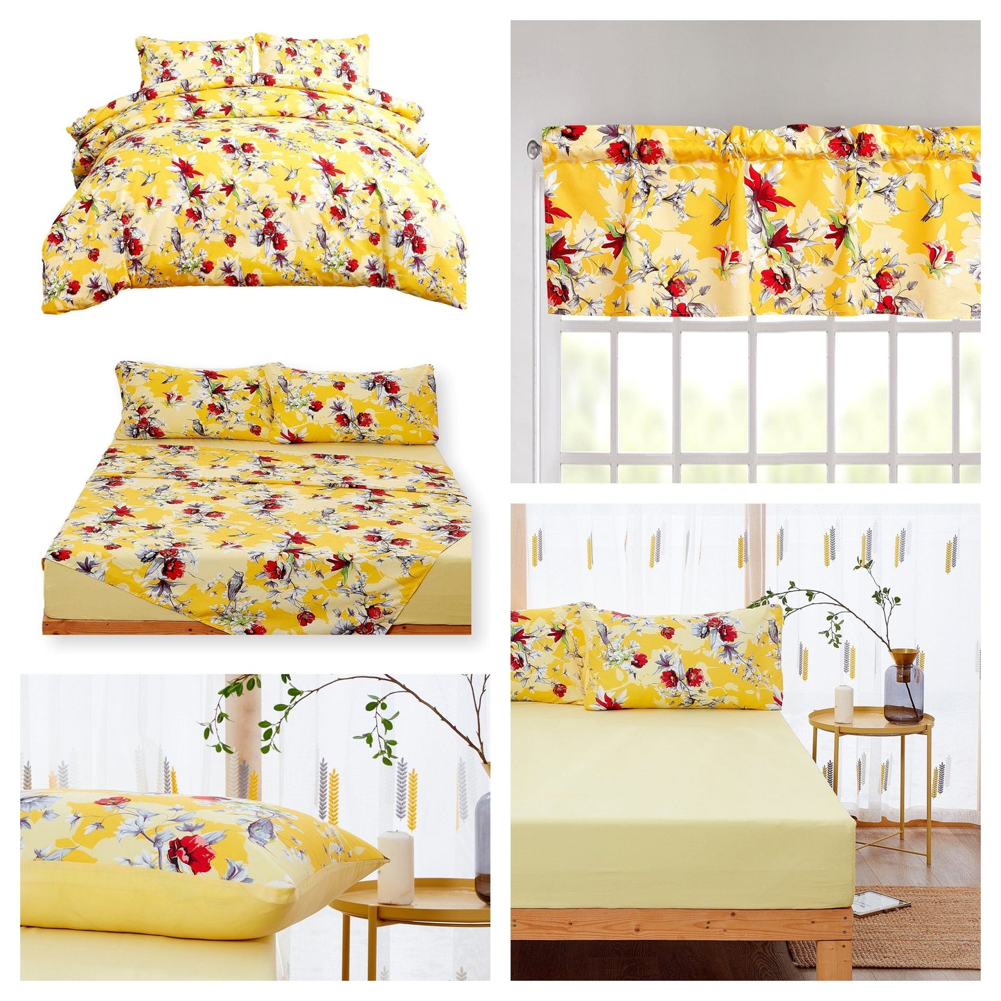 DaDa Bedding Yellow Hummingbird Duvet Cover, Sheets & Valance Set - - Duvet Covers
