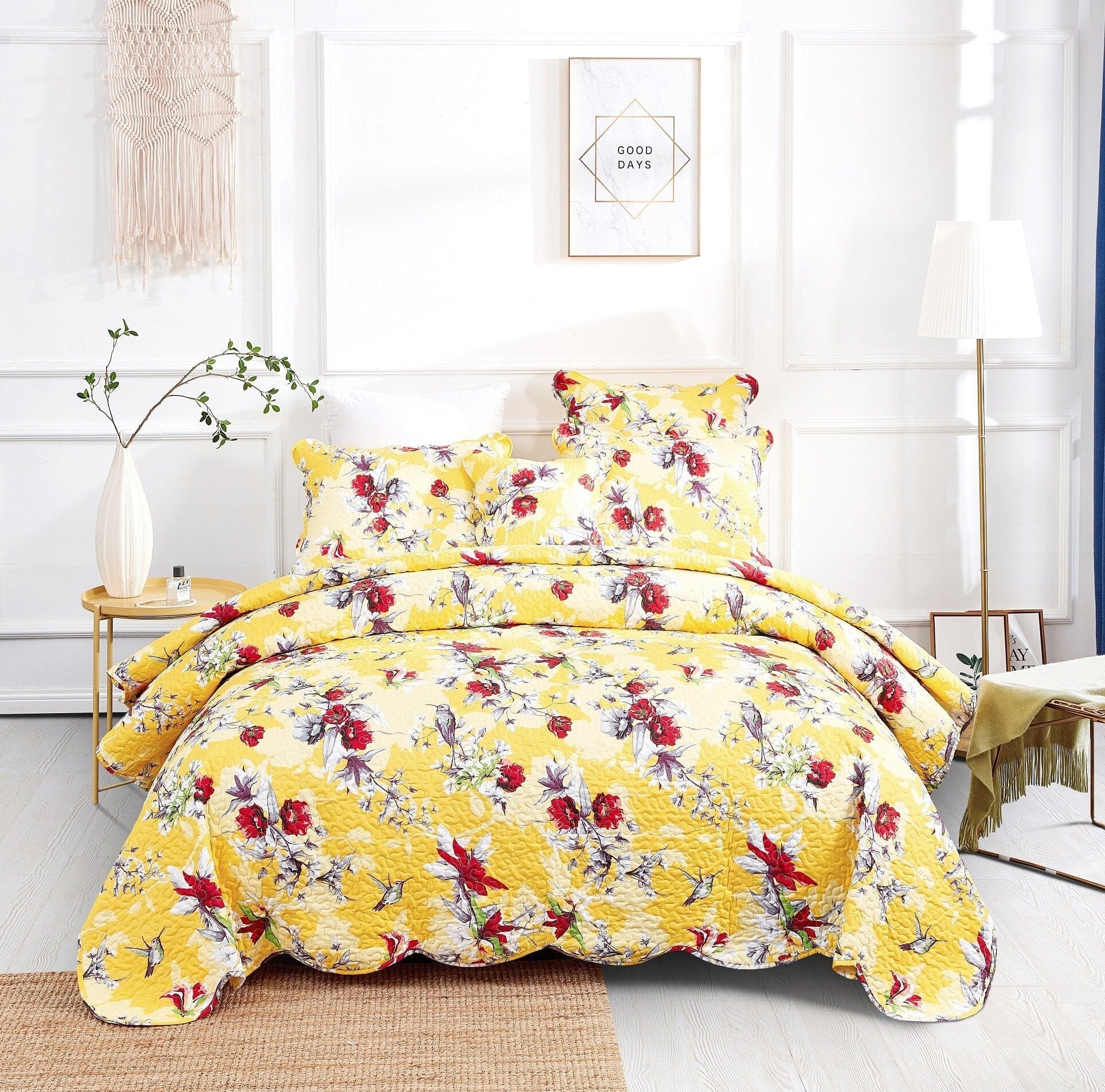 DaDa Bedding Radiant Sunshine Yellow Hummingbirds Floral Scalloped Bedspread Set (JHW-925)- DaDalogy Bedding Collection- {{Product type}}