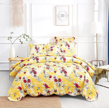 DaDa Bedding Radiant Sunshine Yellow Hummingbirds Floral Scalloped Bedspread Set (JHW-925)- DaDalogy Bedding Collection- {{Product type}}