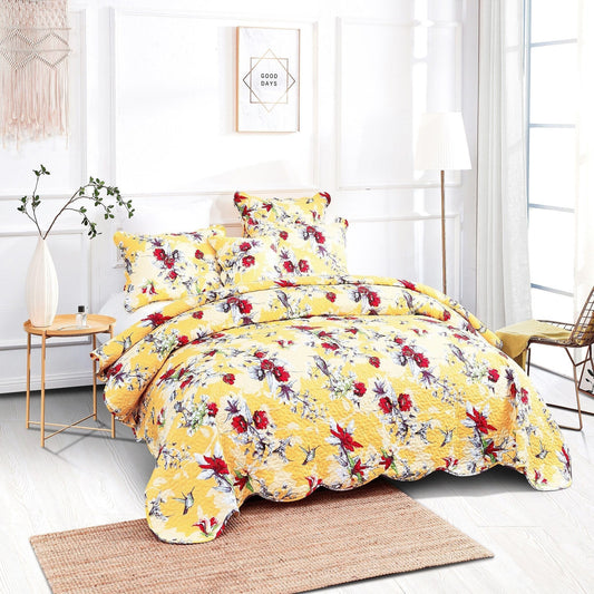 DaDa Bedding Radiant Sunshine Yellow Hummingbirds Floral Scalloped Bedspread Set - - Bedspreads