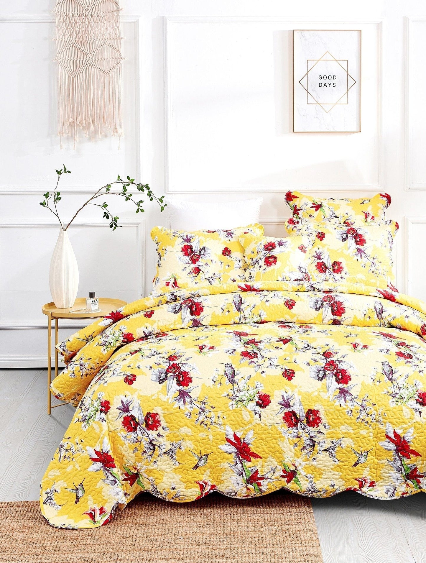 DaDa Bedding Radiant Sunshine Yellow Hummingbirds Floral Scalloped Bedspread Set (JHW-925)- DaDalogy Bedding Collection- {{Product type}}