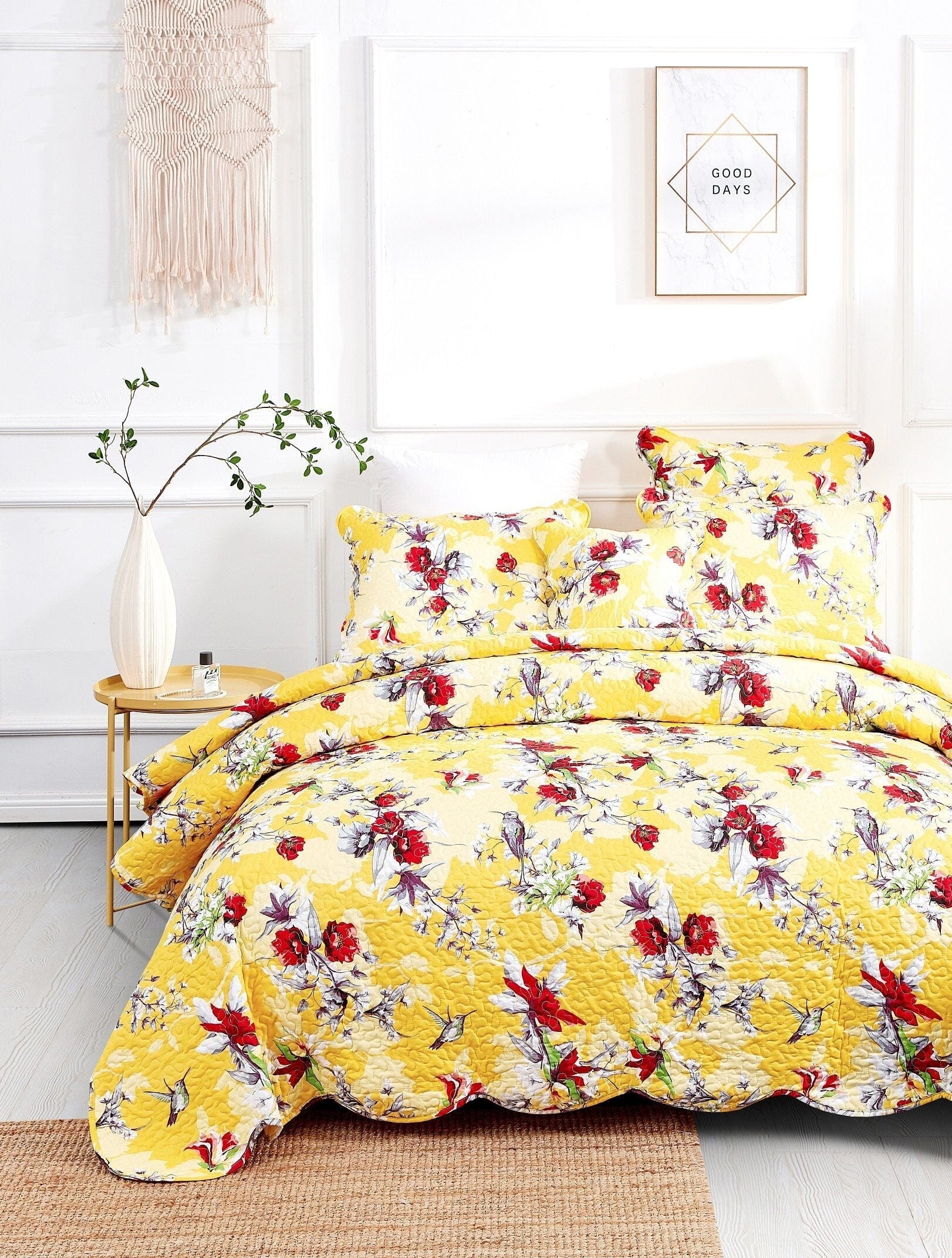 DaDa Bedding Radiant Sunshine Yellow Hummingbirds Floral Scalloped Bedspread Set (JHW-925)- DaDalogy Bedding Collection- {{Product type}}