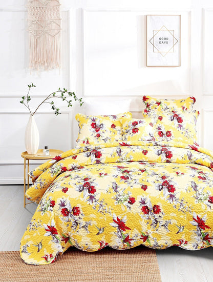 DaDa Bedding Radiant Sunshine Yellow Hummingbirds Floral Scalloped Bedspread Set (JHW-925)- DaDalogy Bedding Collection- {{Product type}}