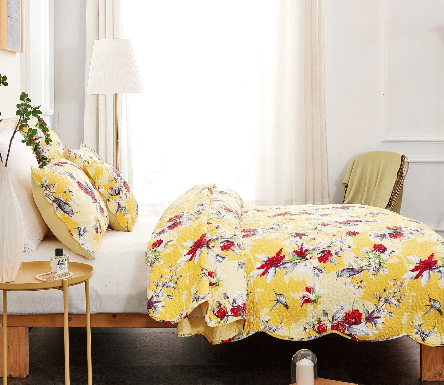 DaDa Bedding Radiant Sunshine Yellow Hummingbirds Floral Scalloped Bedspread Set (JHW-925)- DaDalogy Bedding Collection- {{Product type}}