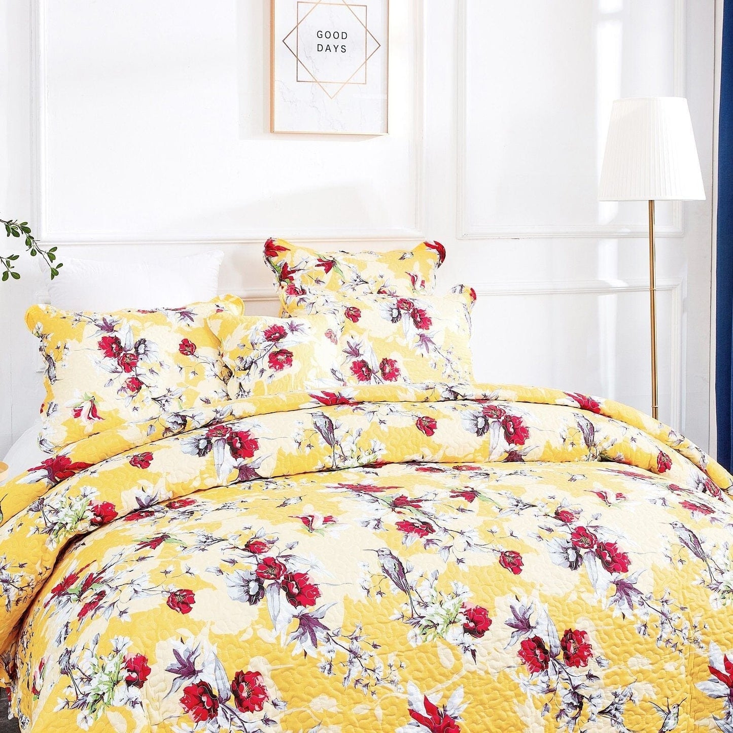 DaDa Bedding Radiant Sunshine Yellow Hummingbirds Floral Scalloped Bedspread Set (JHW-925)- DaDalogy Bedding Collection- {{Product type}}