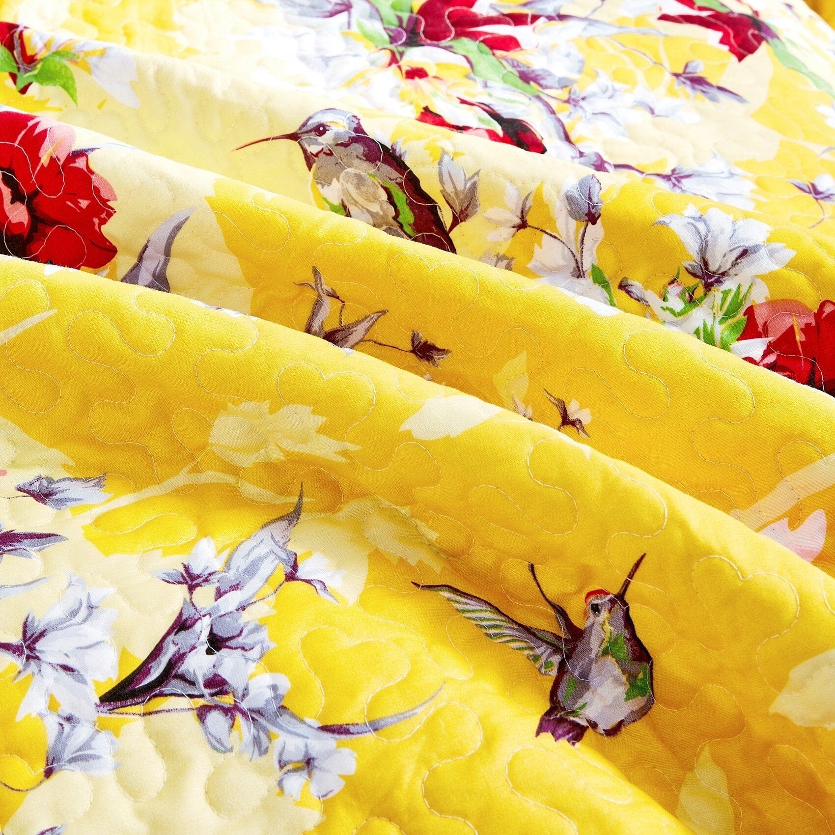 DaDa Bedding Radiant Sunshine Yellow Hummingbirds Floral Scalloped Bedspread Set (JHW-925)- DaDalogy Bedding Collection- {{Product type}}