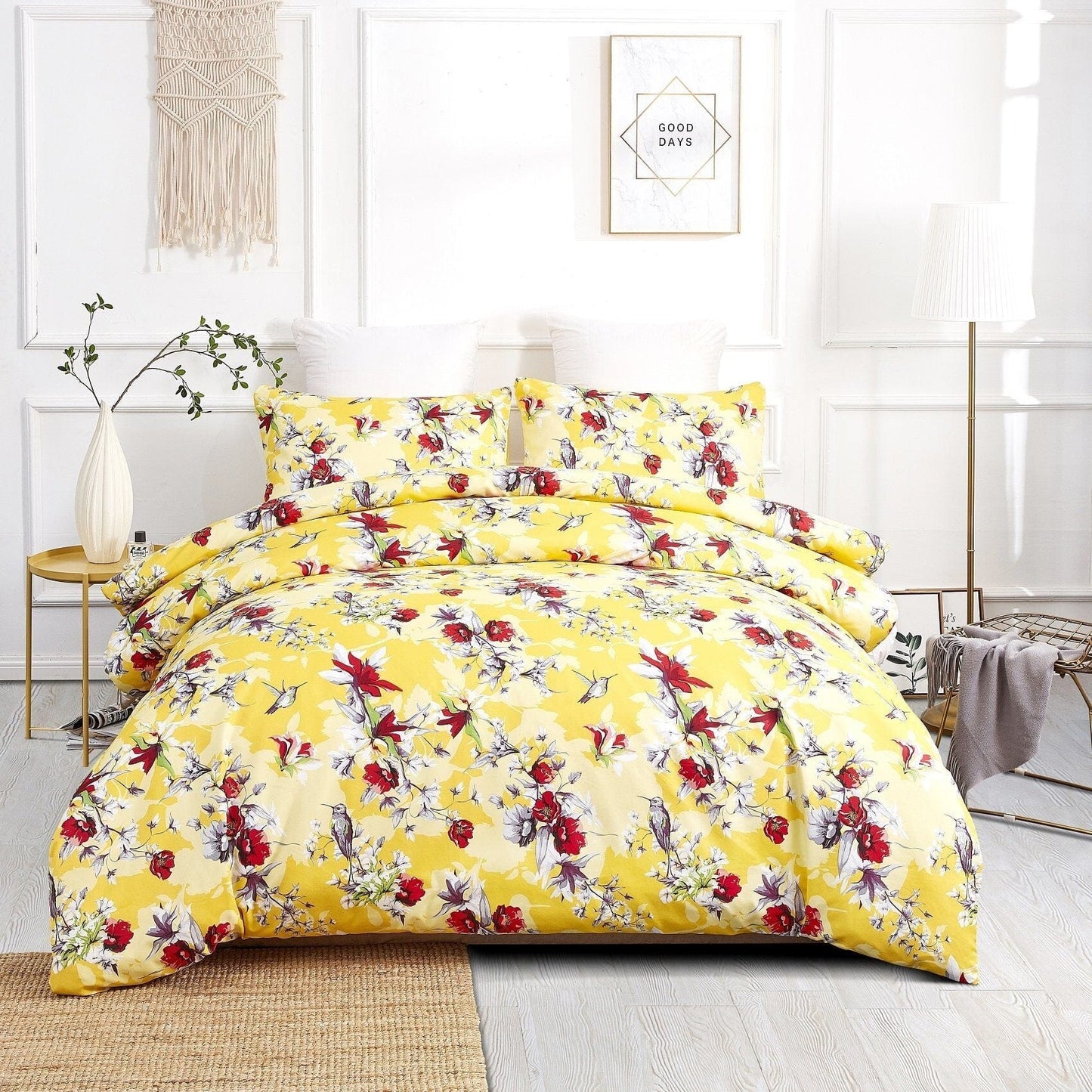 DaDa Bedding Sunshine Yellow Hummingbird Floral Duvet Cover Set - - Duvet Covers