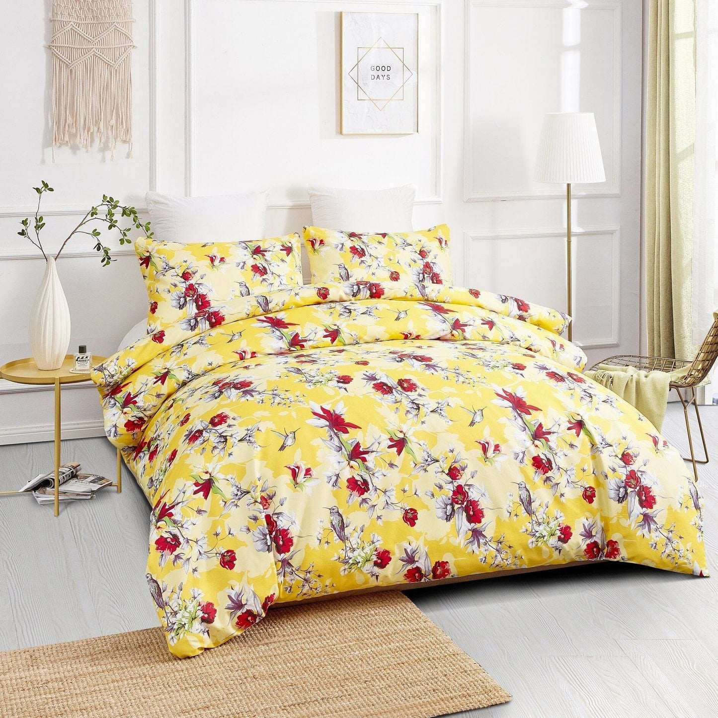 DaDa Bedding Sunshine Yellow Hummingbird Floral Duvet Cover Set - - Duvet Covers