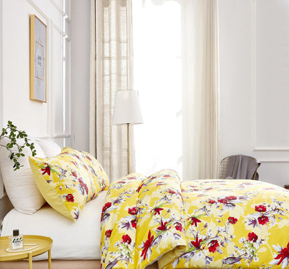 DaDa Bedding Sunshine Yellow Hummingbird Floral Duvet Cover Set - - Duvet Covers