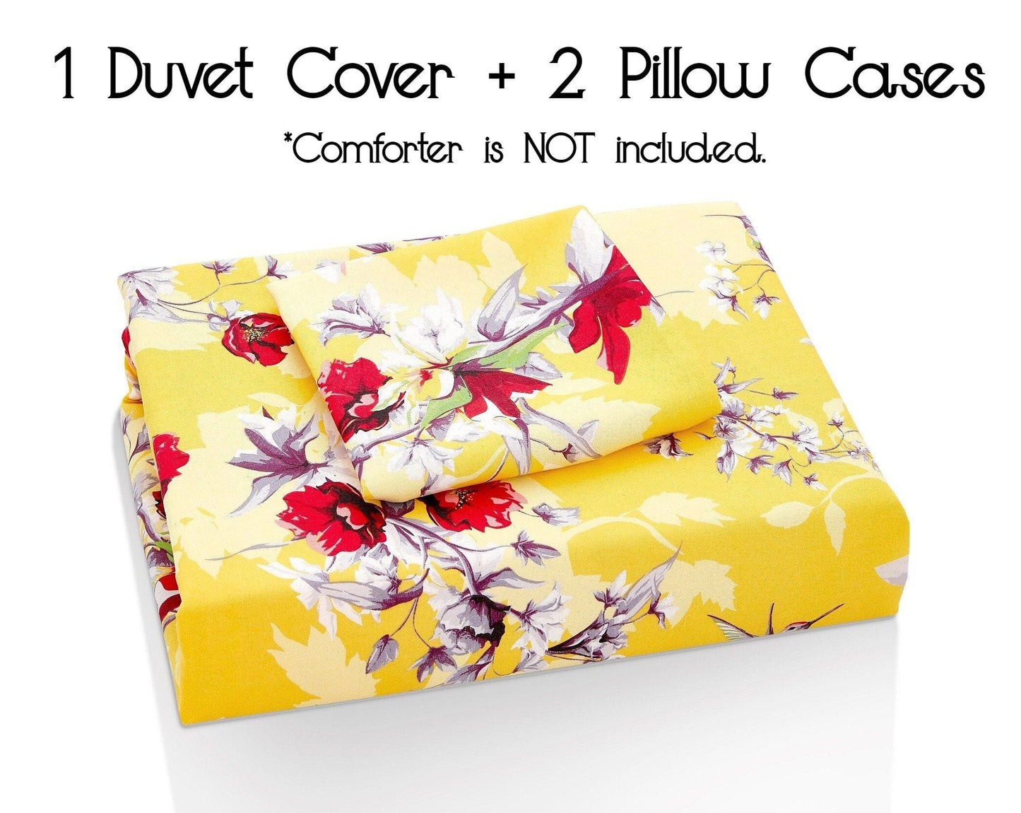 DaDa Bedding Sunshine Yellow Hummingbird Floral Duvet Cover Set - - Duvet Covers