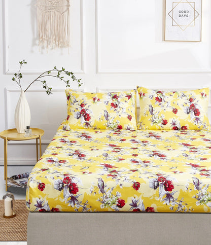 DaDa Bedding Sunshine Yellow Hummingbirds Floral Fitted Bed Sheet w/ Pillow Cases (JHW-925) - - Fitted Sheet