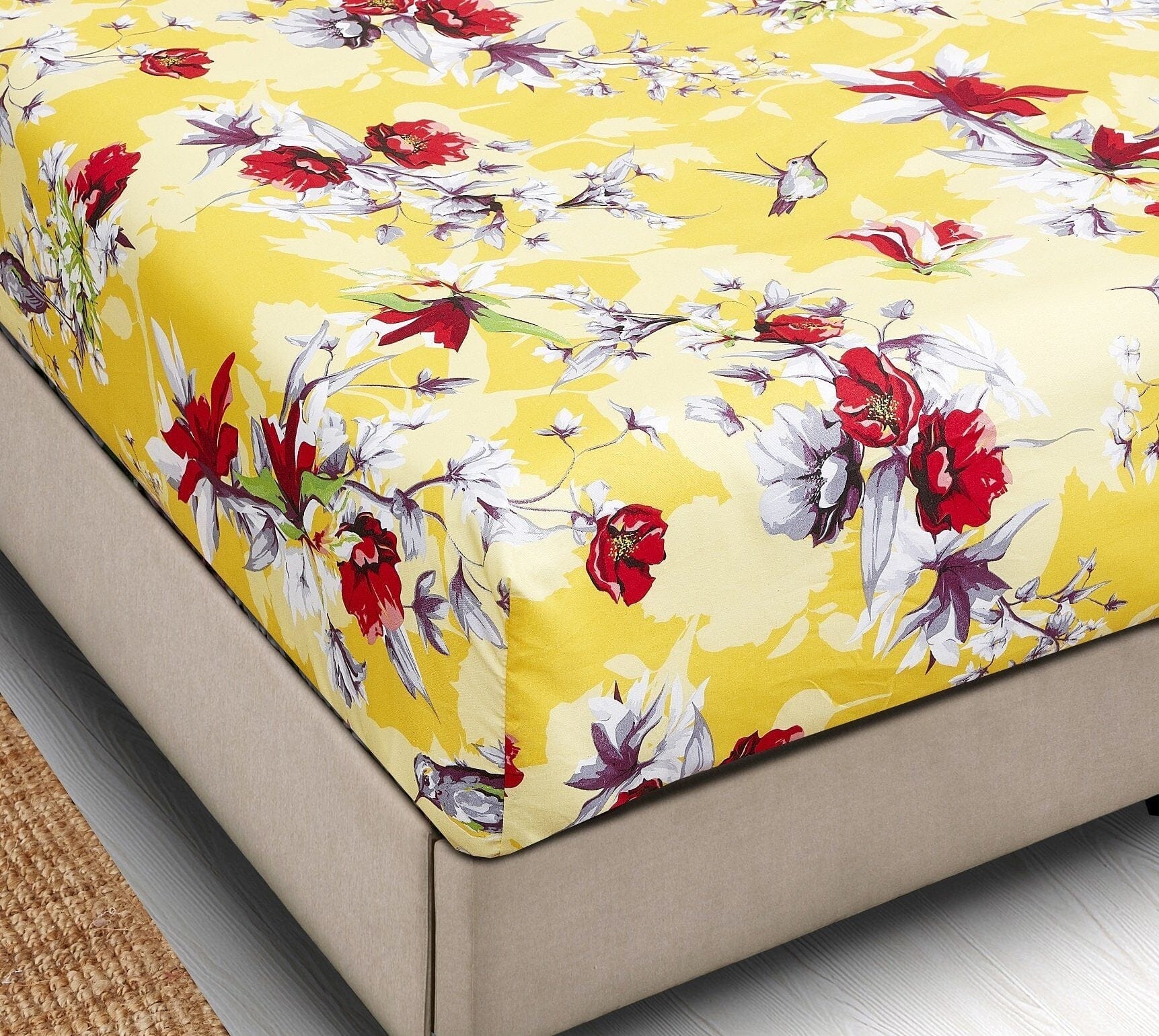 DaDa Bedding Sunshine Yellow Hummingbirds Floral Fitted Bed Sheet w/ Pillow Cases (JHW-925) - - Fitted Sheet