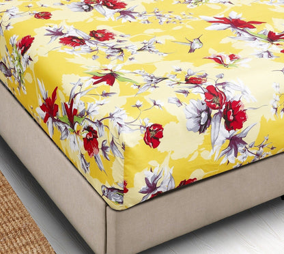 DaDa Bedding Sunshine Yellow Hummingbirds Floral Fitted Bed Sheet w/ Pillow Cases (JHW-925) - - Fitted Sheet