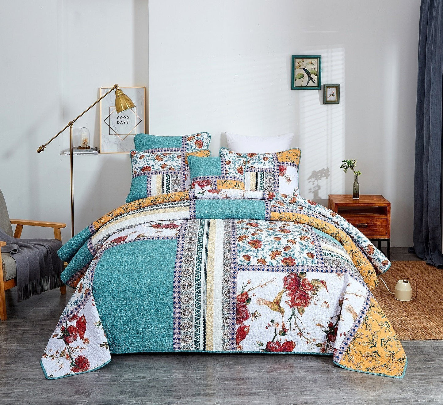 Tache Old World Garden Pastel Blue Yellow Red Hummingbirds Cotton Patchwork Quilt Set (JHW-936) - - Quilt / Bedspread