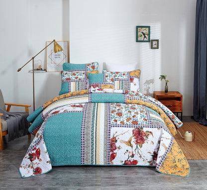 Tache Old World Garden Pastel Blue Yellow Red Hummingbirds Cotton Patchwork Quilt Set (JHW-936) - - Quilt / Bedspread