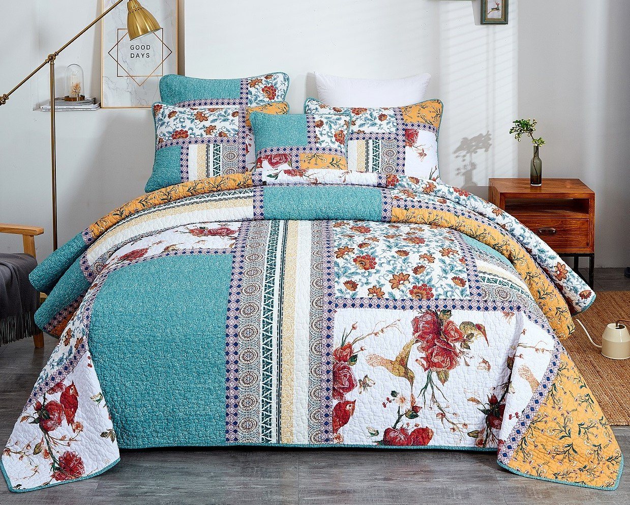Tache Old World Garden Pastel Blue Yellow Red Hummingbirds Cotton Patchwork Quilt Set (JHW-936) - - Quilt / Bedspread