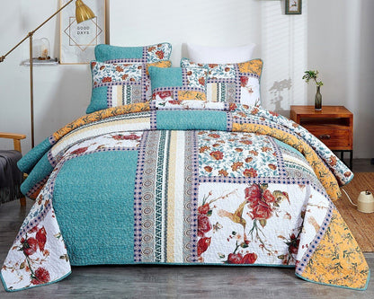 Tache Old World Garden Pastel Blue Yellow Red Hummingbirds Cotton Patchwork Quilt Set (JHW-936) - - Quilt / Bedspread