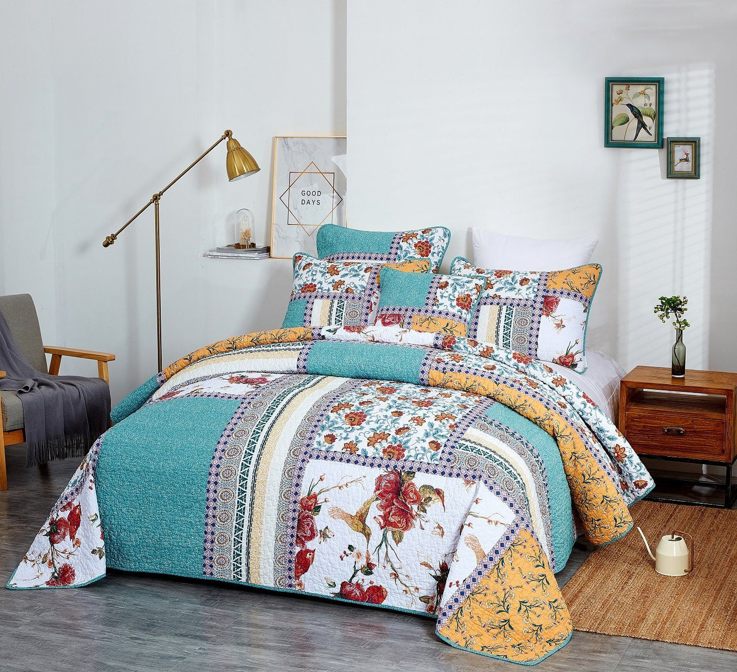 Tache Old World Garden Pastel Blue Yellow Red Hummingbirds Cotton Patchwork Quilt Set (JHW-936) - - Quilt / Bedspread