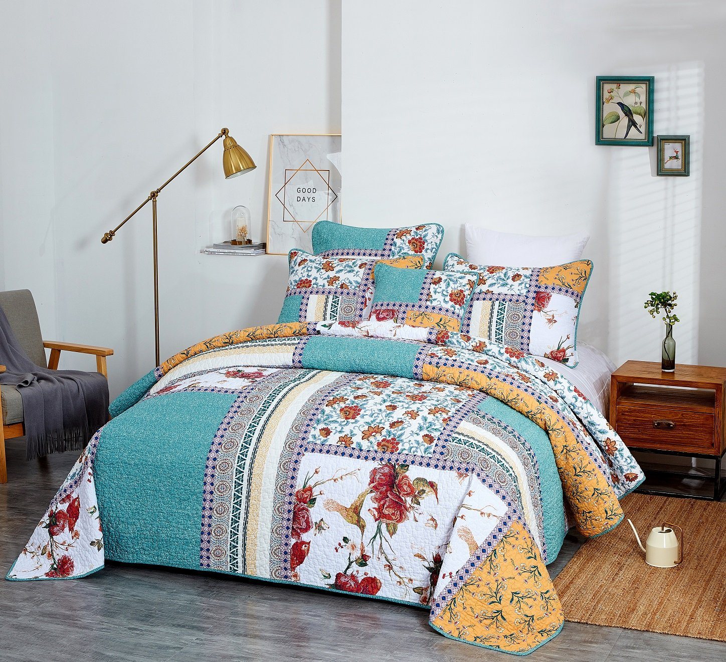 Tache Old World Garden Pastel Blue Yellow Red Hummingbirds Cotton Patchwork Quilt Set (JHW-936) - - Quilt / Bedspread