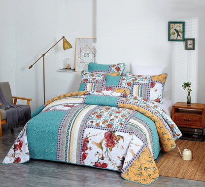 Tache Old World Garden Pastel Blue Yellow Red Hummingbirds Cotton Patchwork Quilt Set (JHW-936) - - Quilt / Bedspread