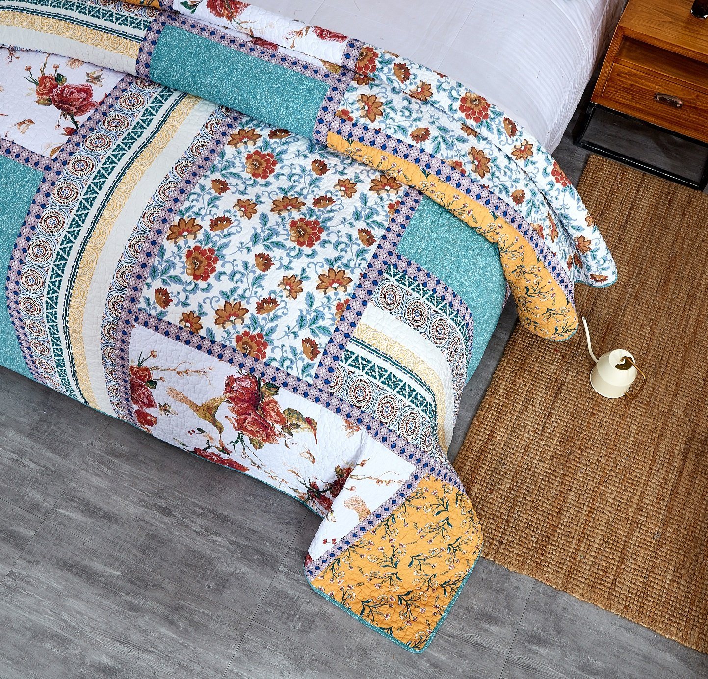 Tache Old World Garden Pastel Blue Yellow Red Hummingbirds Cotton Patchwork Quilt Set (JHW-936) - - Quilt / Bedspread