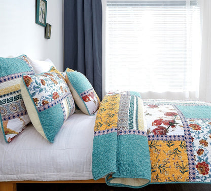 Tache Old World Garden Pastel Blue Yellow Red Hummingbirds Cotton Patchwork Quilt Set (JHW-936) - - Quilt / Bedspread
