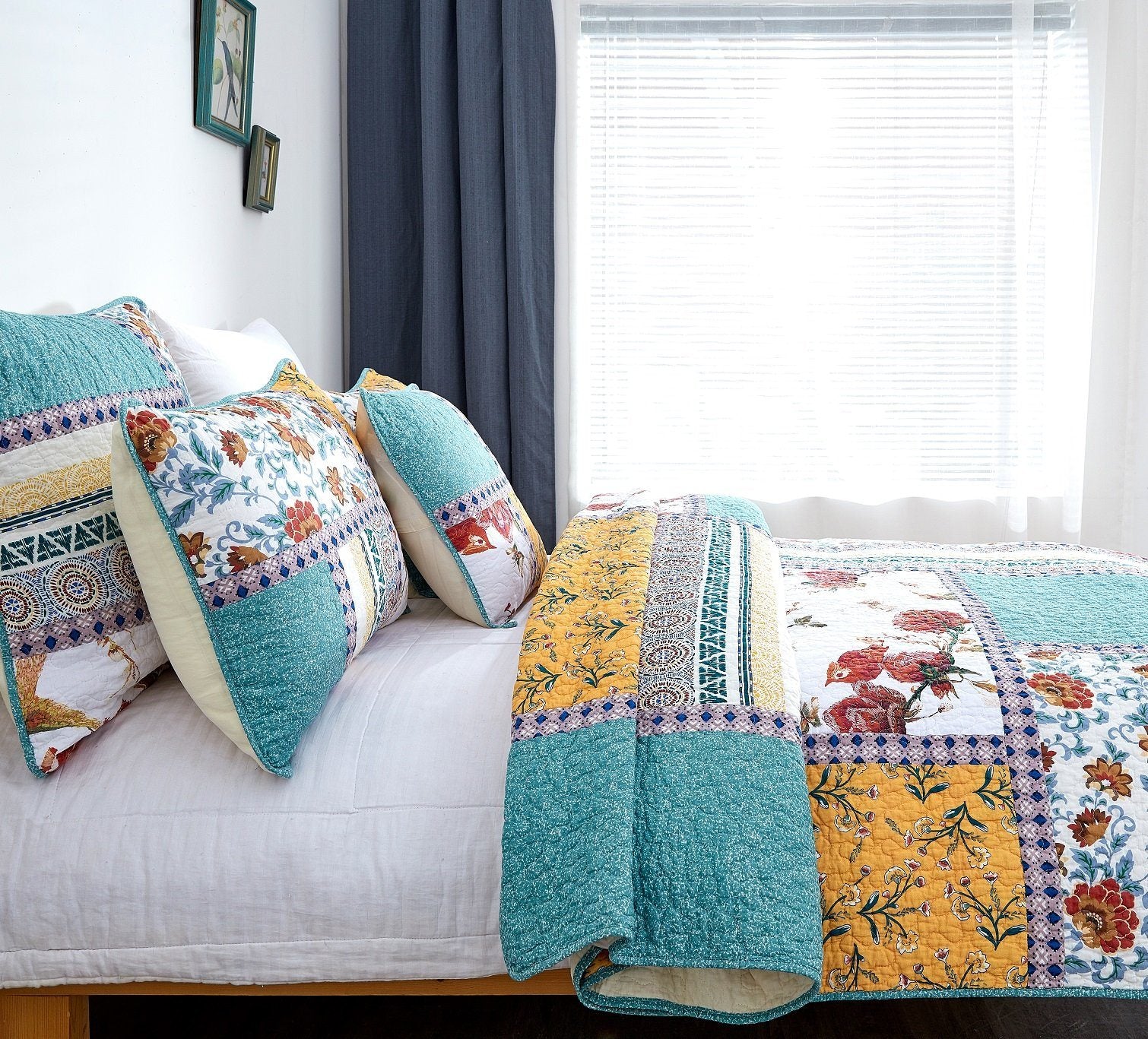 Tache Cotton Patchwork Blue Yellow Old World Hummingbirds Garden Pillow Sham (JHW-936) - - Pillow Sham