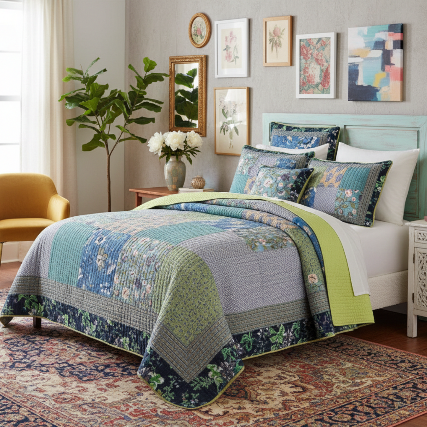 Tache Cotton Bohemian Tropical Calla Lily Quilted Patchwork Bedspread Set (JHW-687) - - Quilt / Bedspread
