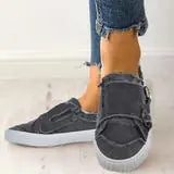 Metal Buckle Canvas Sneakers with Zipper - - Shoes